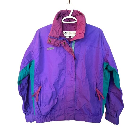 90s Women's Columbia Bugaboo Radial Sleeve Jacket Purple/Green Windbreaker Med - Picture 1 of 13